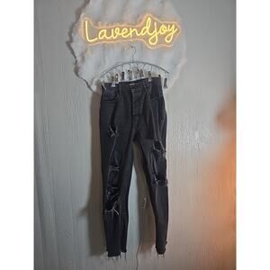 Button Up 90s Distressed Black Denim Skinny Jeans Size 25 Grunge Goth